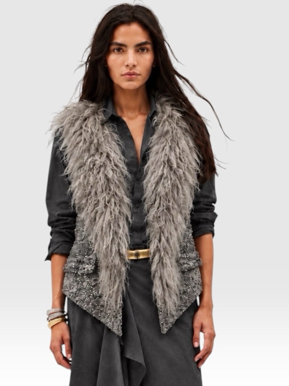 Dolce Cabo Grey Boucle Knit Mongolian Fur Vest Shaggy Penny Lane Front M